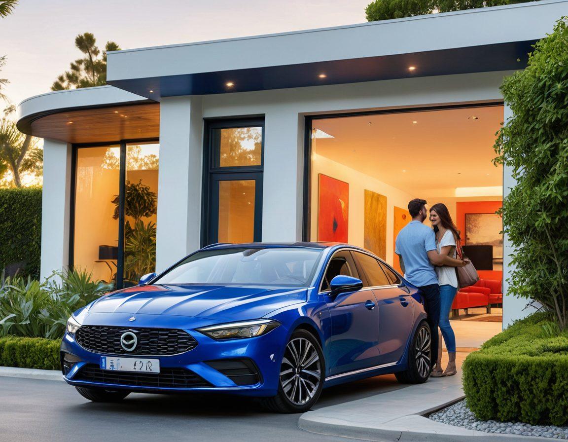 A warm and inviting scene of a family happily loading their luggage into a reliable and stylish vehicle, surrounded by lush greenery and a bright blue sky. Include elements of safety and technology, such as a modern dashboard displaying navigation features. Show a subtle hint of a heart symbol in the background to represent affection in transportation. super-realistic. vibrant colors. sunny atmosphere.