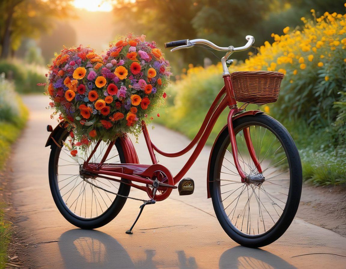 A heart-shaped bicycle with vibrant flowers woven into the handlebar, surrounded by diverse couples joyfully riding together on a scenic path. The sun sets in the background, casting warm light, creating a feeling of love and connection. Include soft, flowing lines that evoke a sense of motion and affection. super-realistic. vibrant colors. dreamy atmosphere.