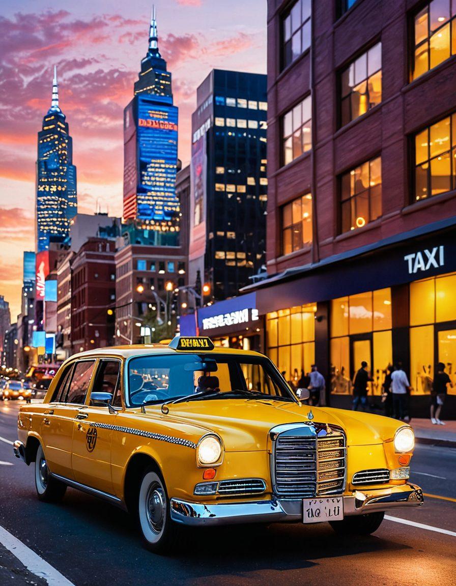 A sleek, modern taxi with a friendly driver and a variety of personalized elements, like a plush interior and personalized destination signs. Show the car traversing through a vibrant cityscape at sunset, with happy passengers enjoying the ride. Capture the essence of comfort and luxury in urban travel. super-realistic. vibrant colors. city skyline in background.